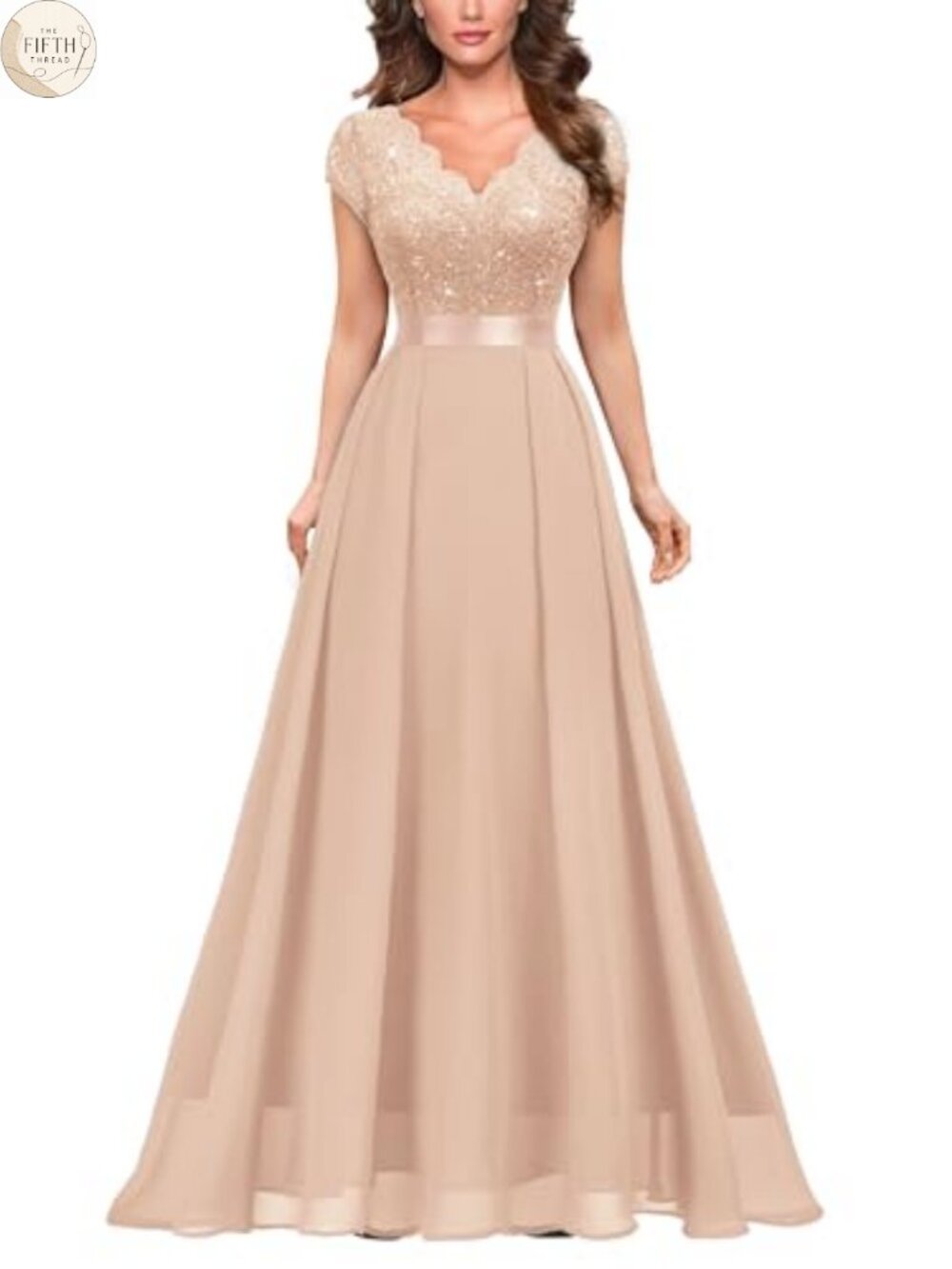 V-Neck Sequined Floral Lace Formal Evening Maxi Dress